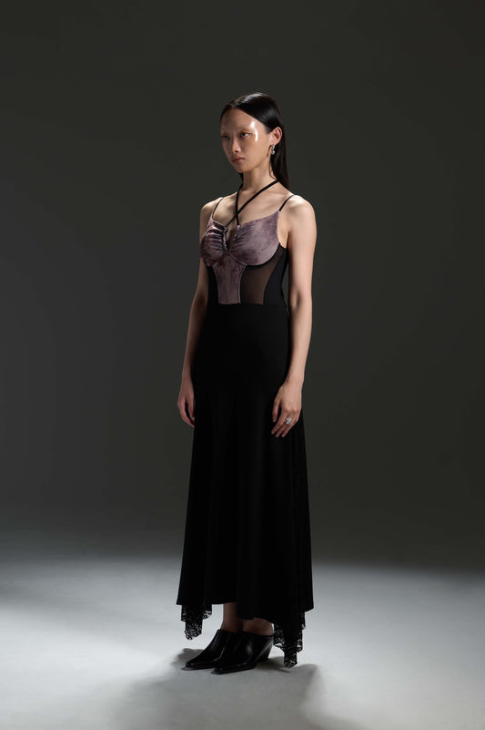 𝑳𝑳 𝒔𝒕𝒓𝒆𝒕𝒄𝒉 𝒍𝒐𝒏𝒈 𝒅𝒓𝒆𝒔𝒔-印花網紗掛脖蕾絲長裙