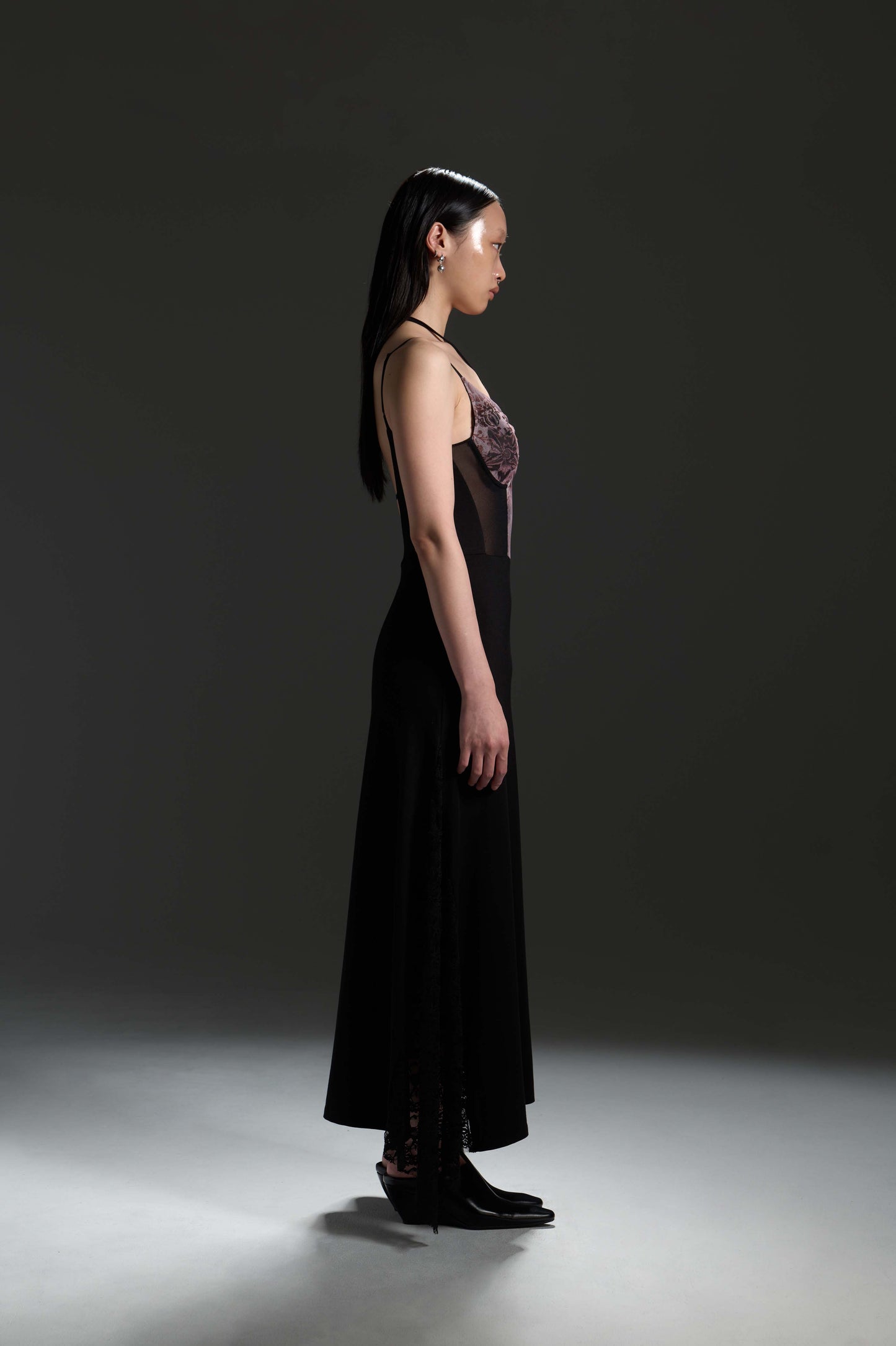 LL彈性長裙-印花網紗掛脖蕾絲長裙