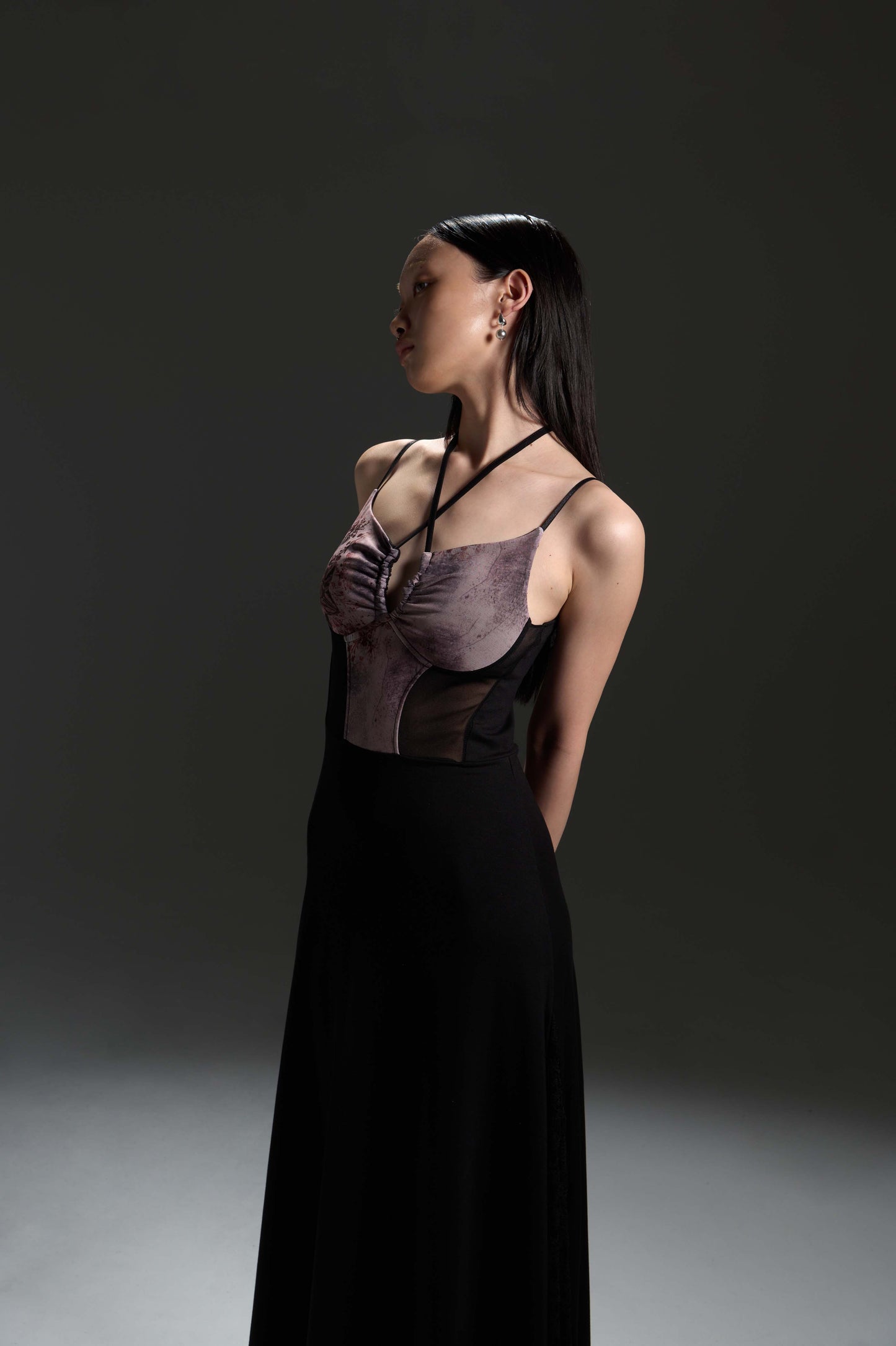 LL彈性長裙-印花網紗掛脖蕾絲長裙