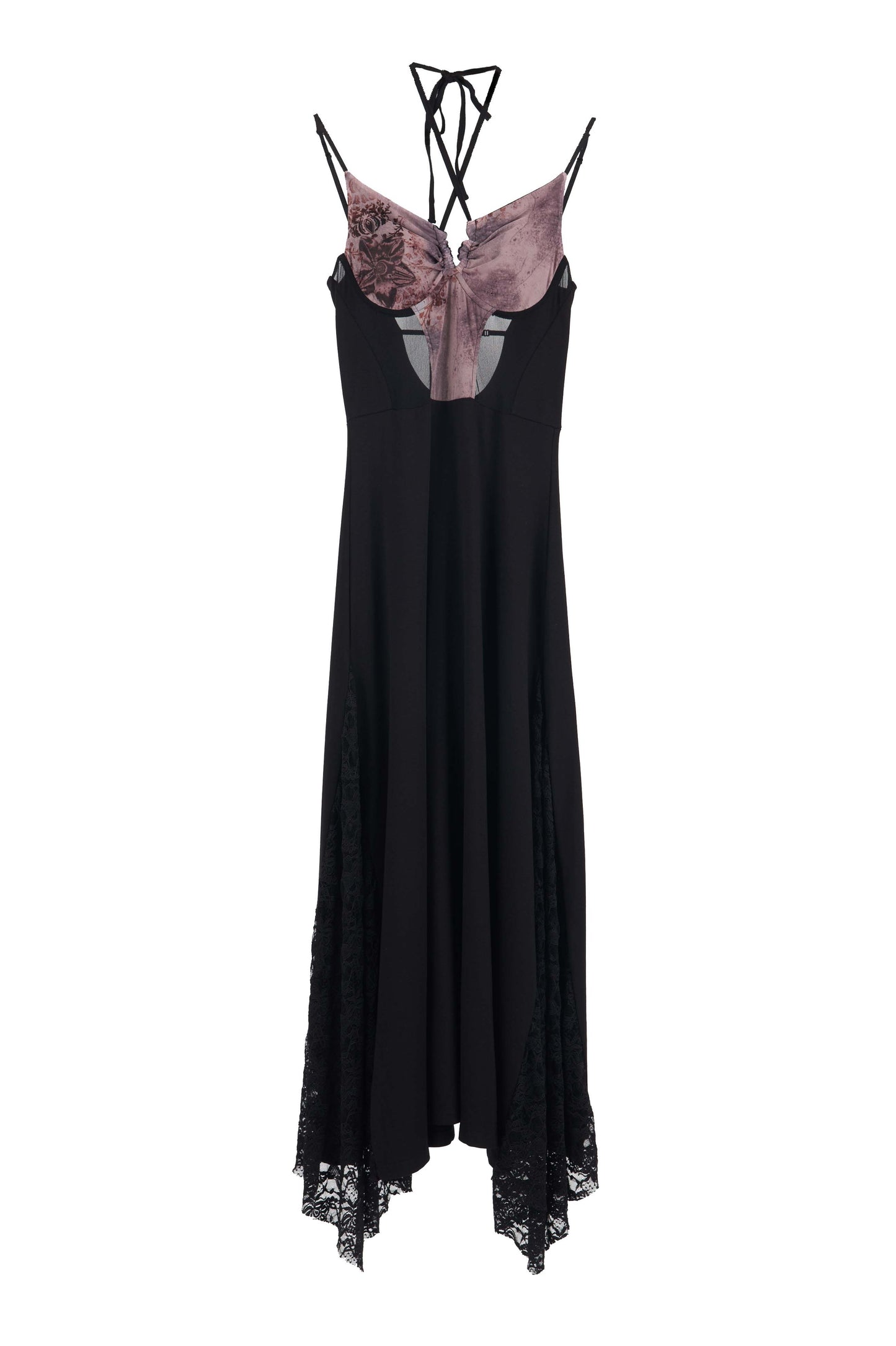 LL彈性長裙-印花網紗掛脖蕾絲長裙