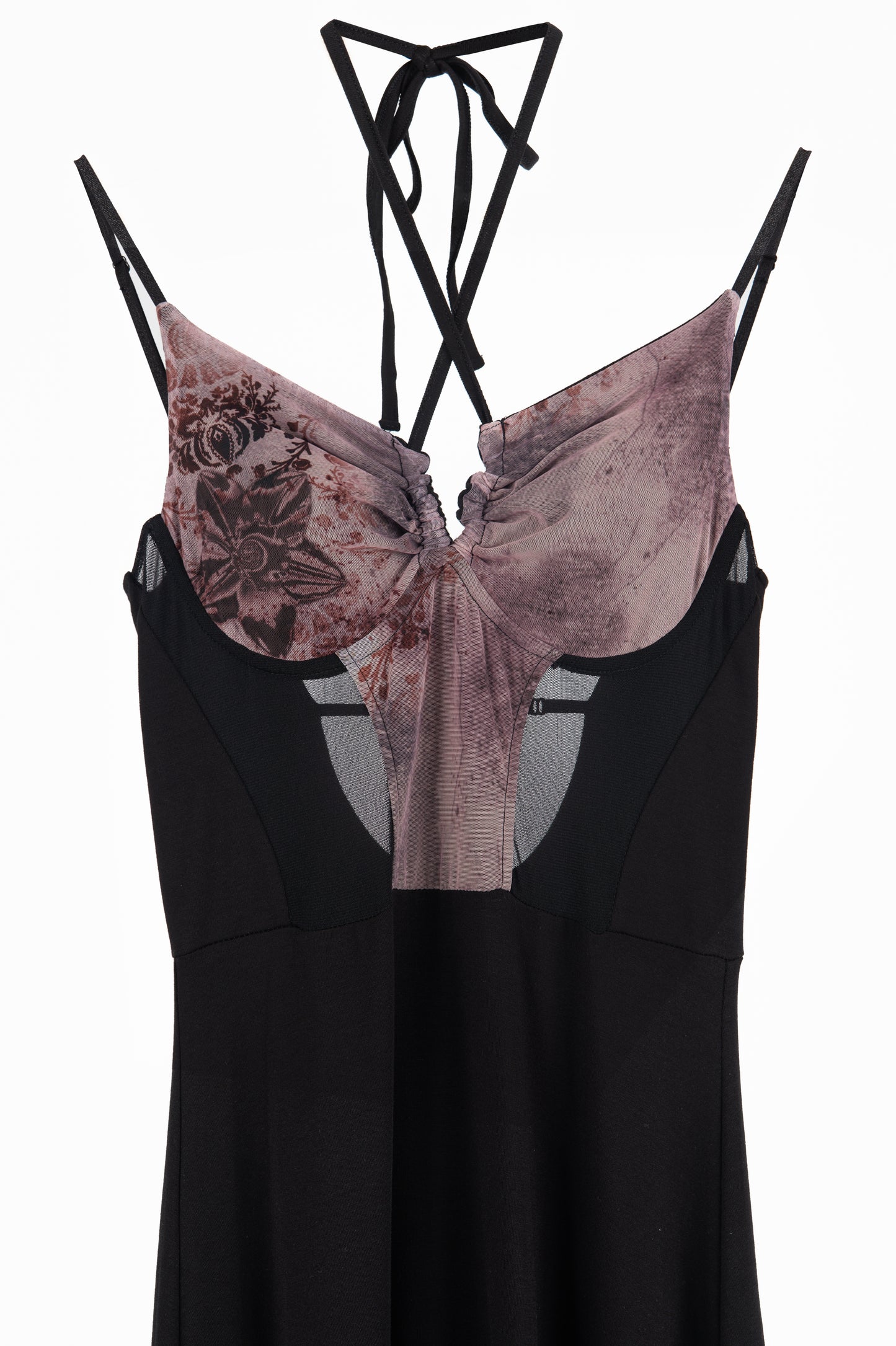 LL彈性長裙-印花網紗掛脖蕾絲長裙