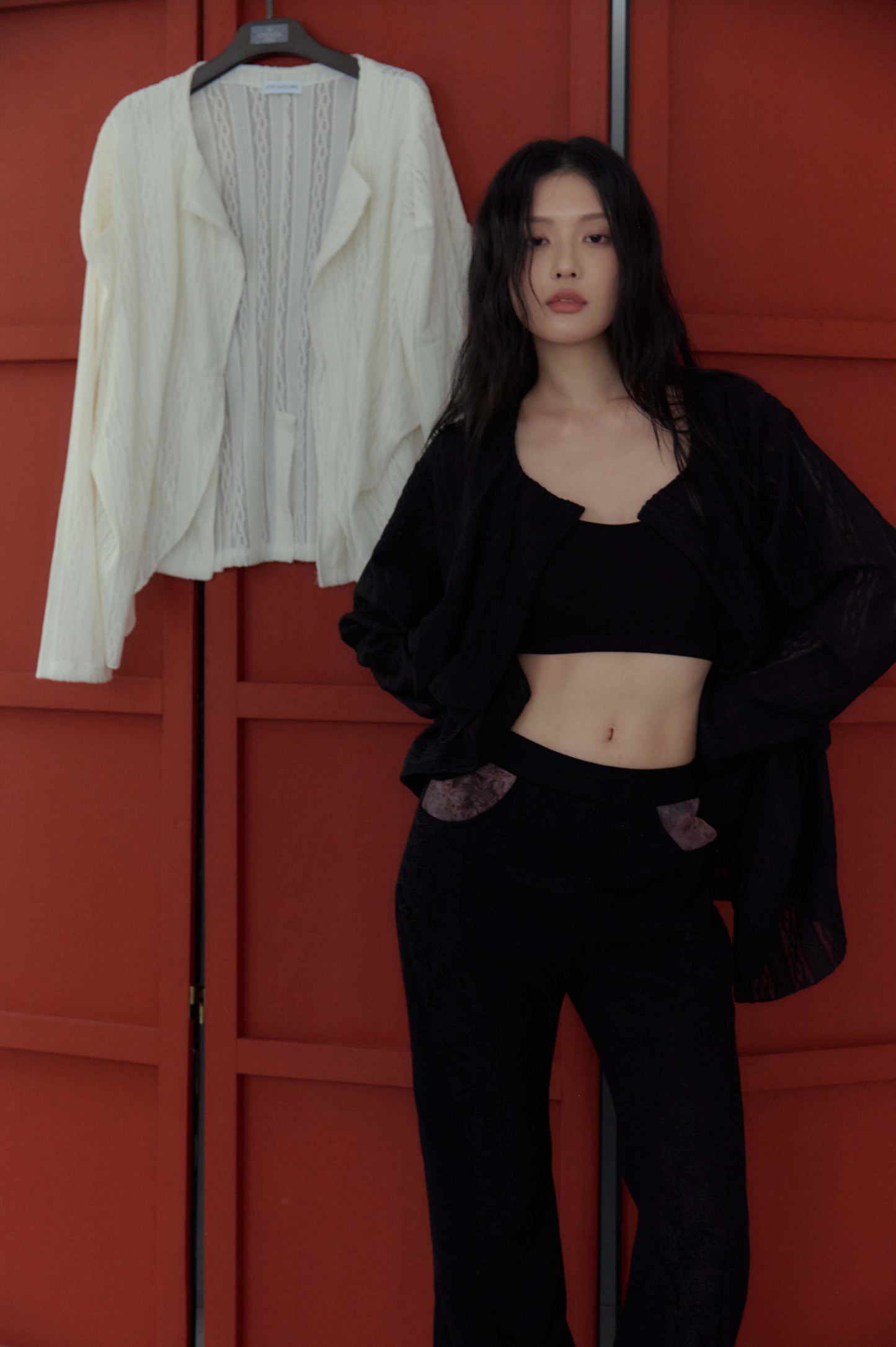 蕾絲垂褶針織罩衫