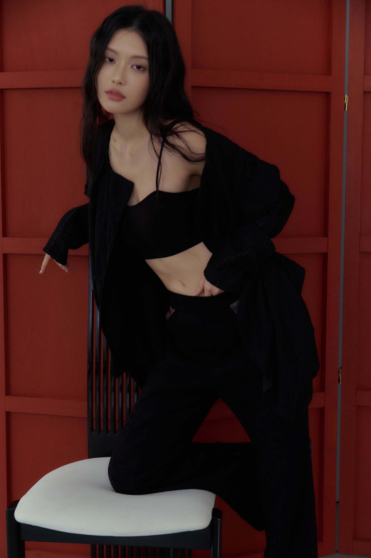 蕾絲垂褶針織罩衫