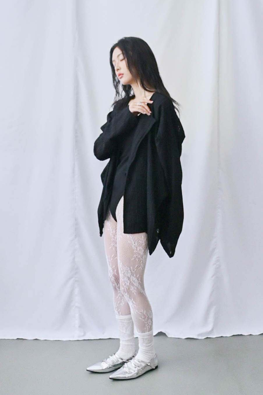 蕾絲垂褶針織罩衫