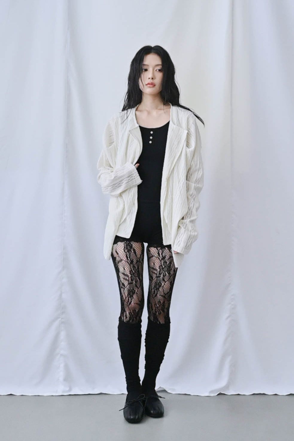 蕾絲垂褶針織罩衫