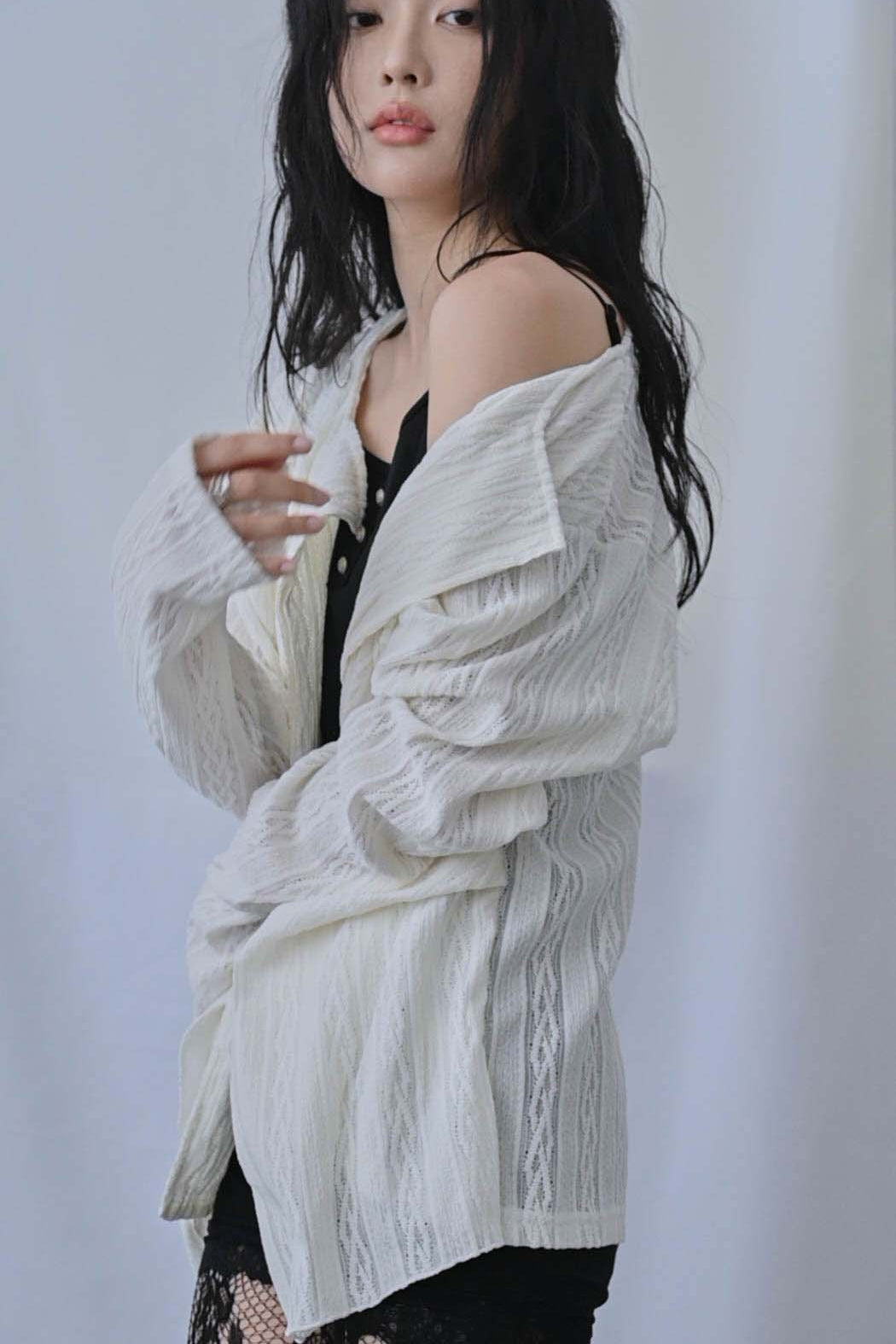 蕾絲垂褶針織罩衫