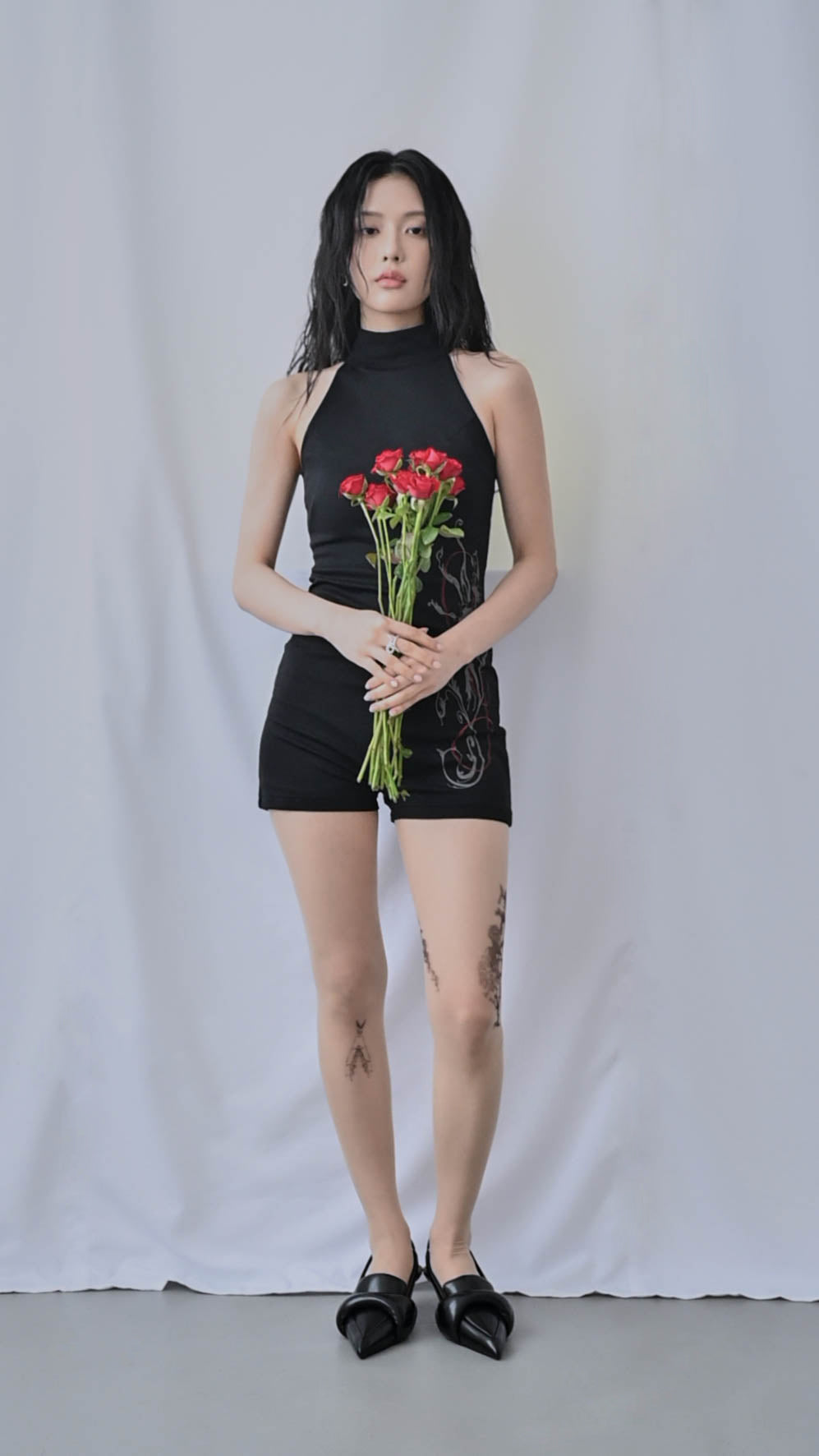 高領水仙印花削肩連身衣