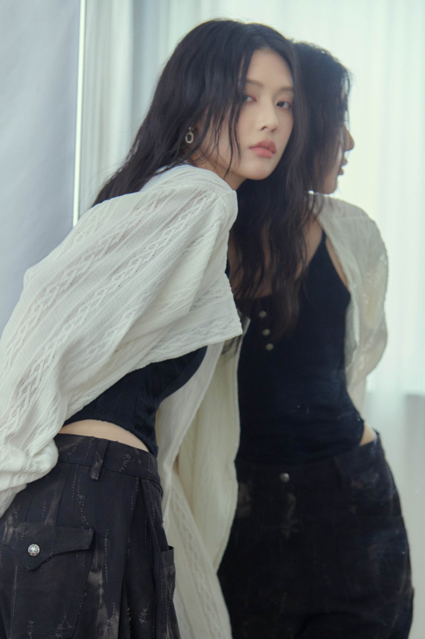 蕾絲垂褶針織罩衫