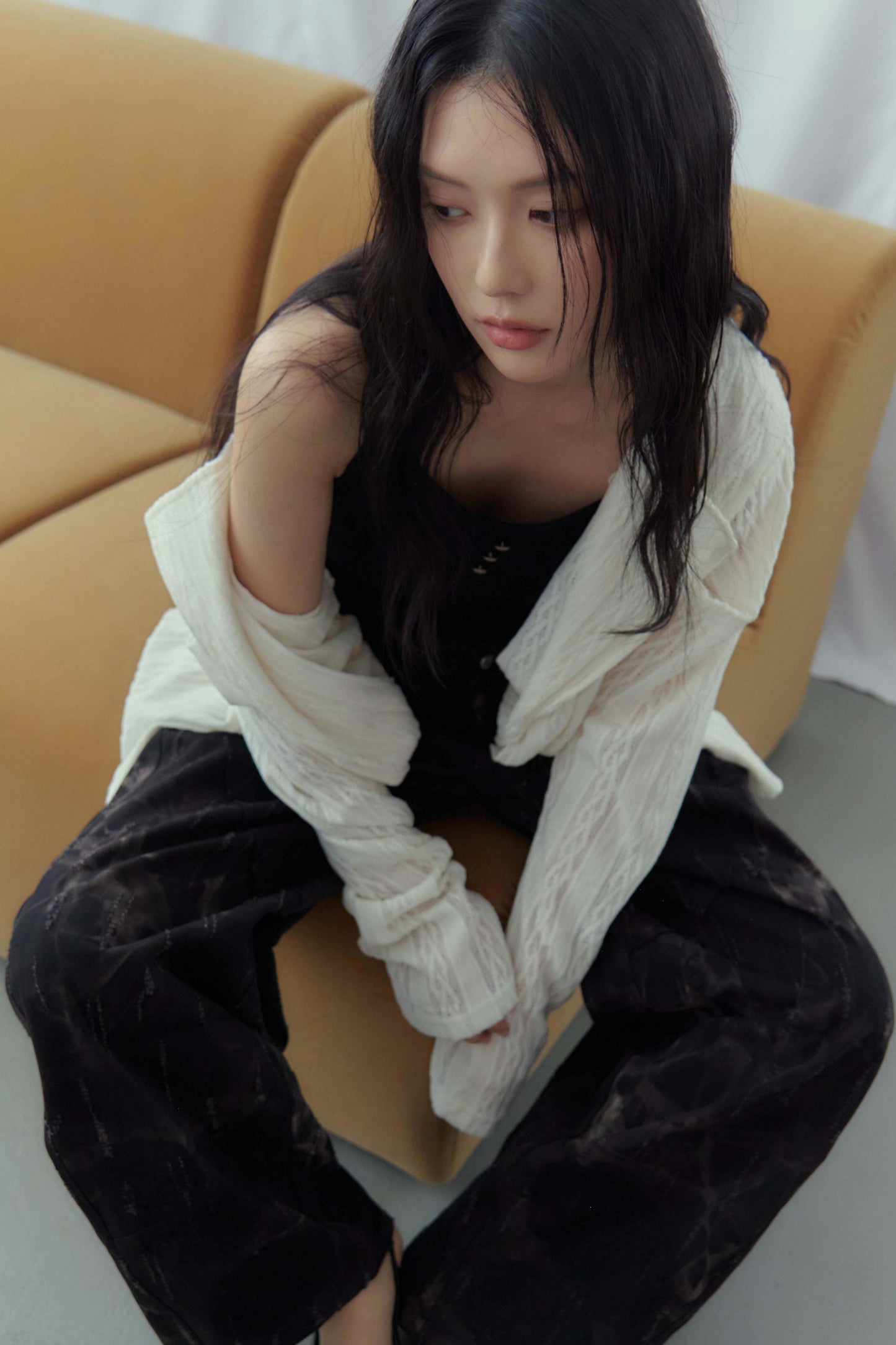 蕾絲垂褶針織罩衫