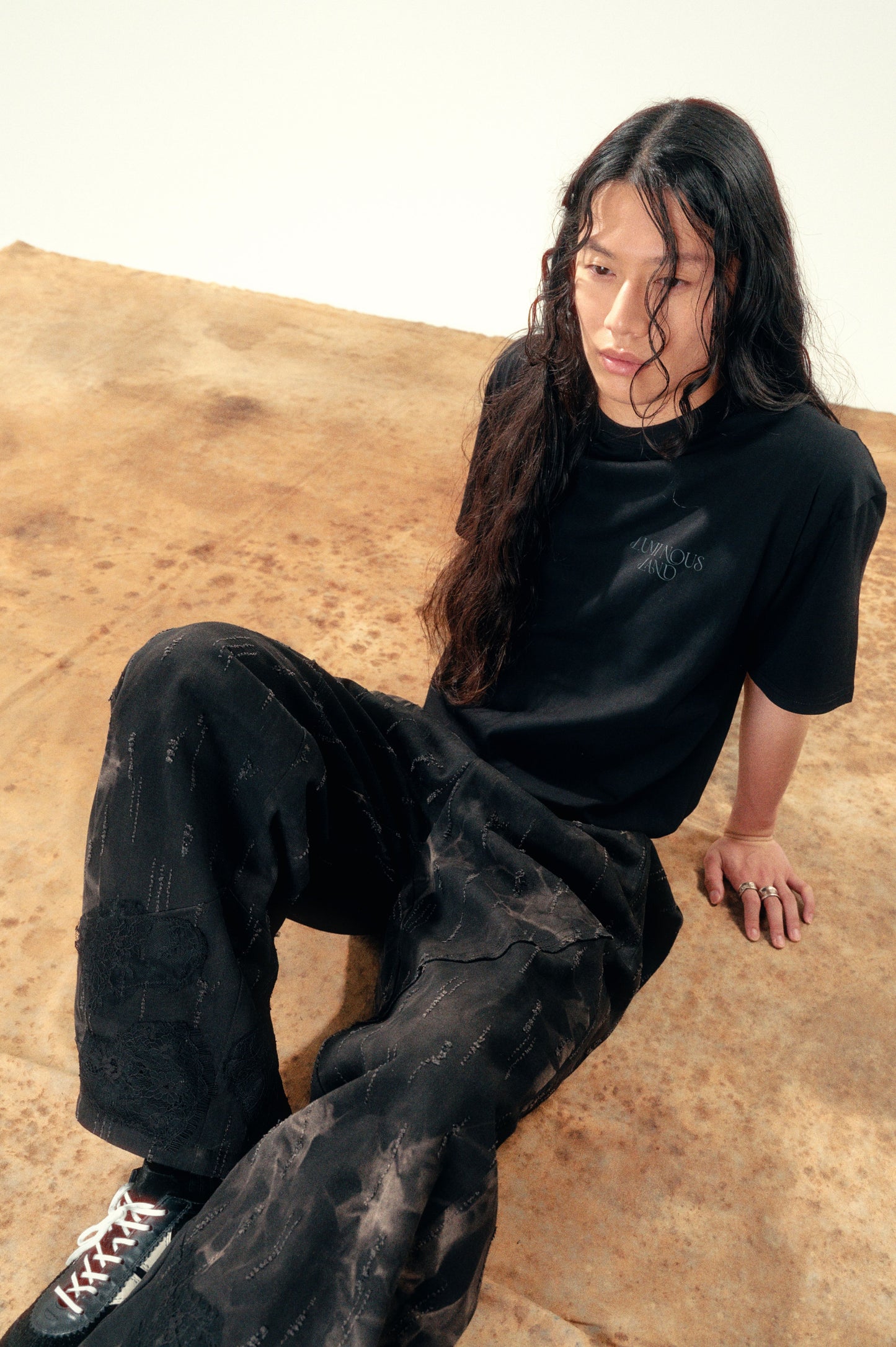 LL Ember 褲子-特殊水洗破壞蕾絲牛仔褲