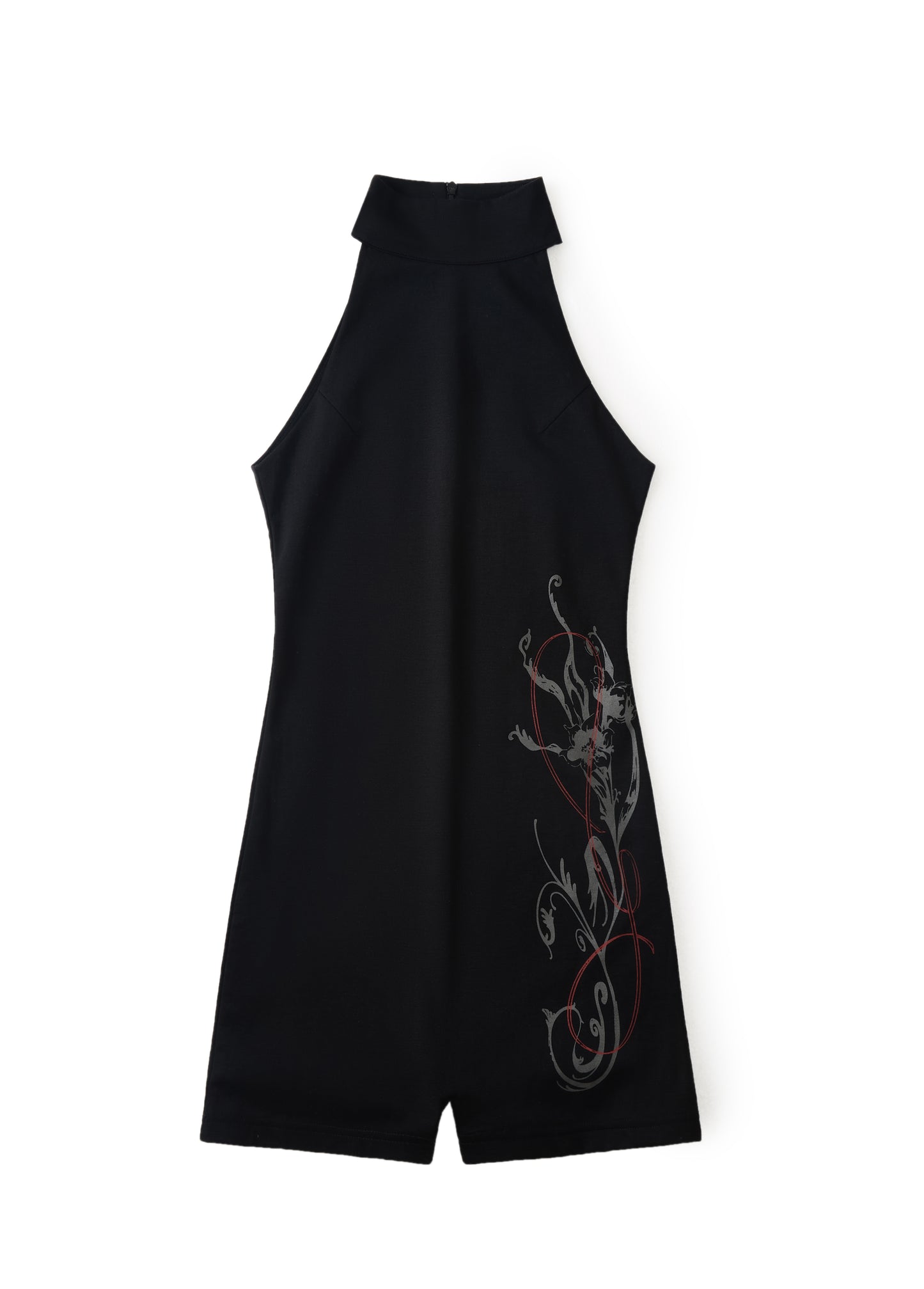 高領水仙印花削肩連身衣